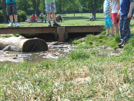 Children playing on a boardwalk over a small wetland in a recreation ground